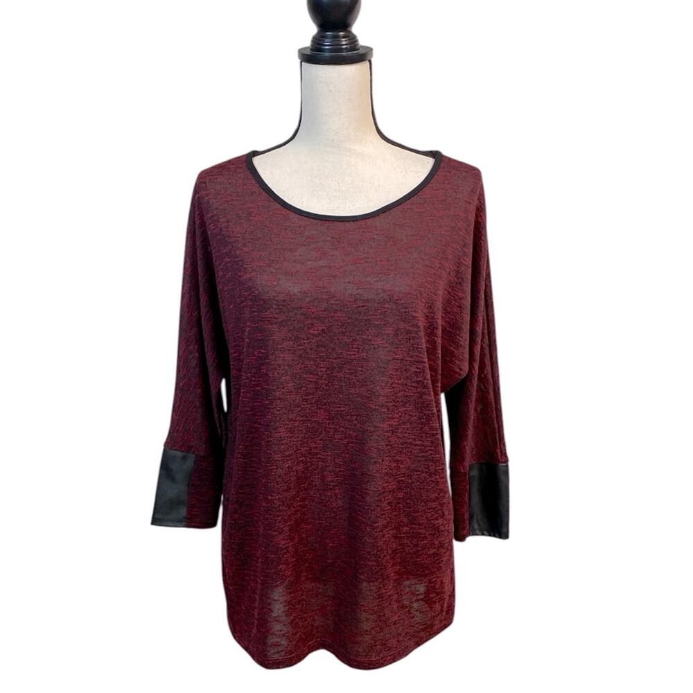 Slinky Brand Wine/Black Dolman Sleeve Top With Faux Leather Trim Size Medium